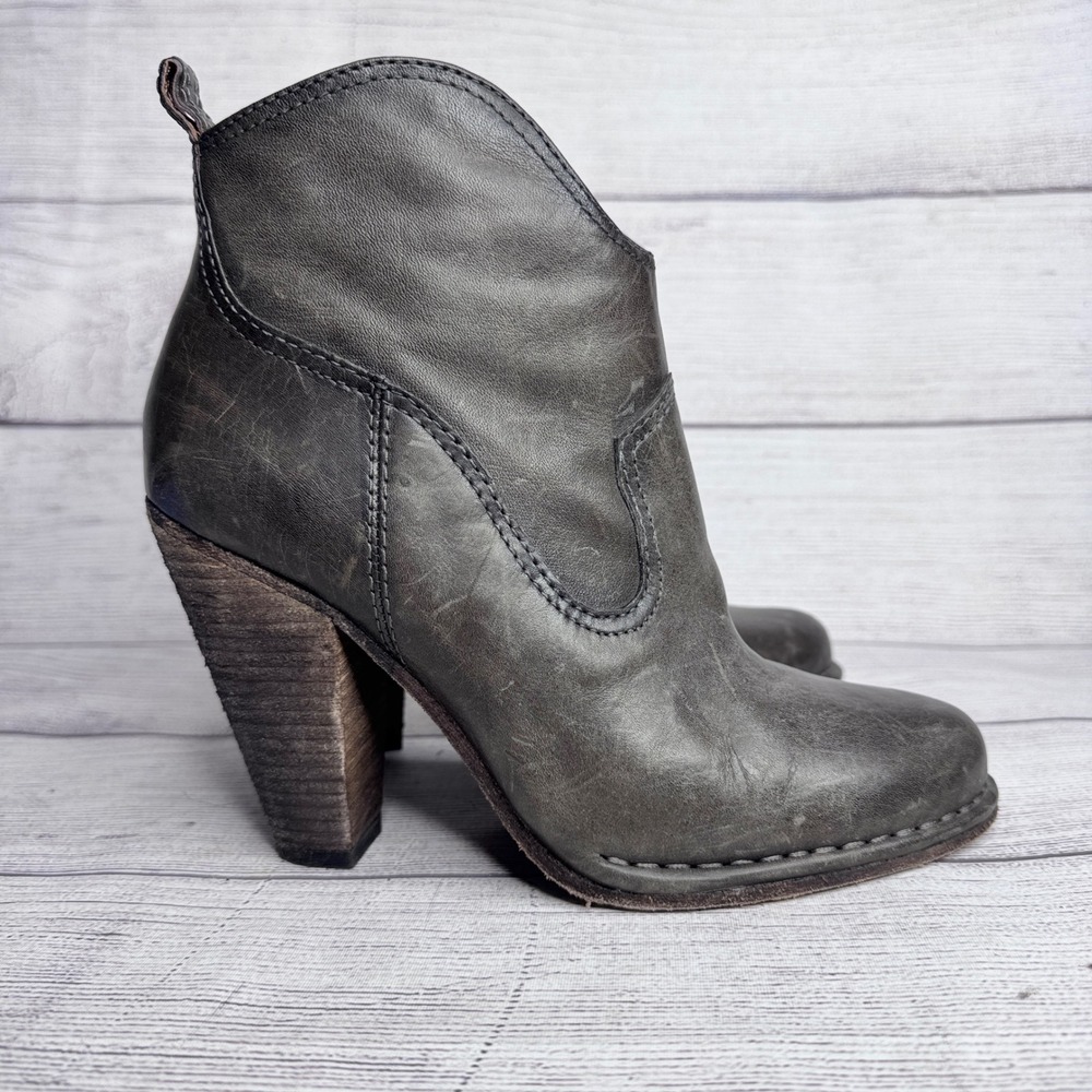 Frye Womens 7.5 M Smoke Grey Leather Western Ankle Booties 3470123-SMK Wood Heel